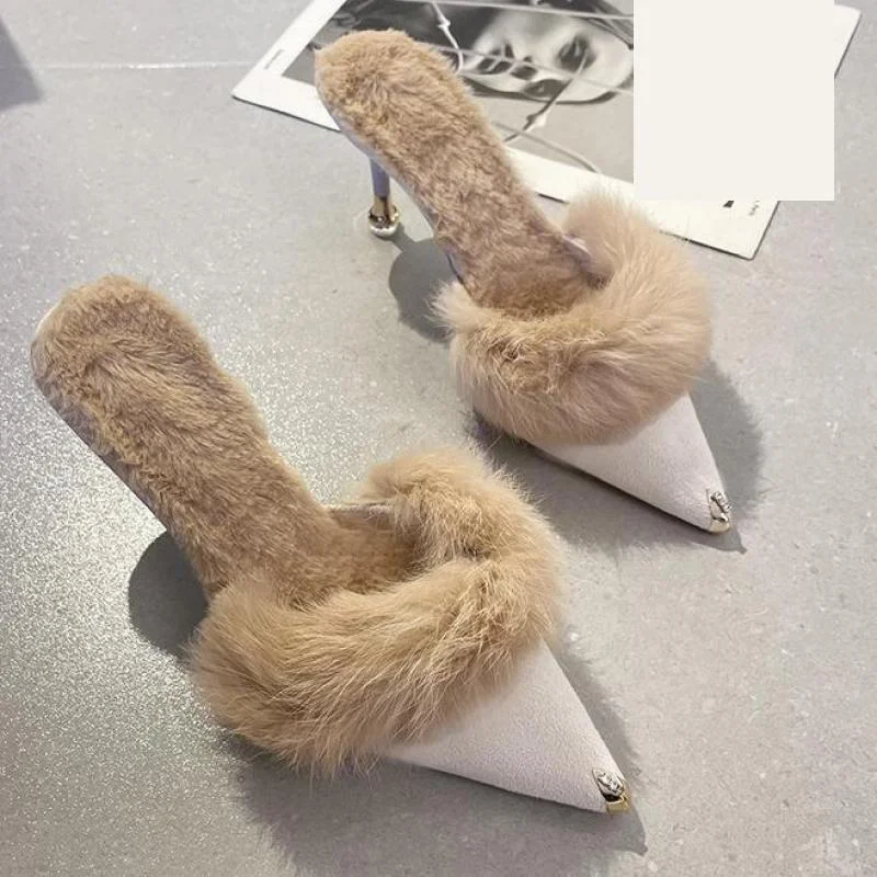 Fur Slippers Mules Pointed Toe Elegant High Heels Shoes Women's Autumn New Furry Slides Flip Flops Office Work Ytmtloy Indoor