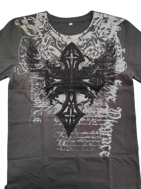 Gothic Punk Vintage Cross & Wings Print Unisex Tee