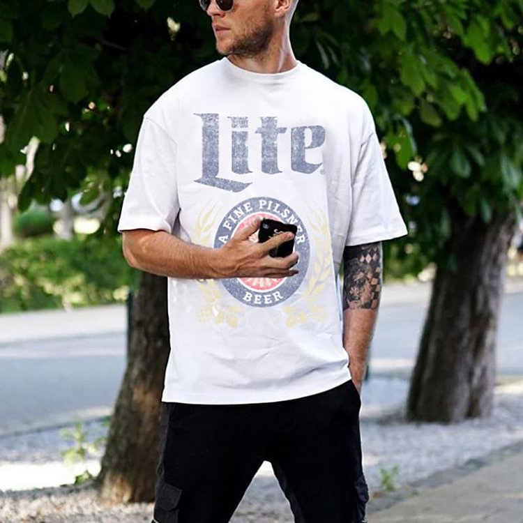 Men's casual round collar short sleeves loose white T-shirt