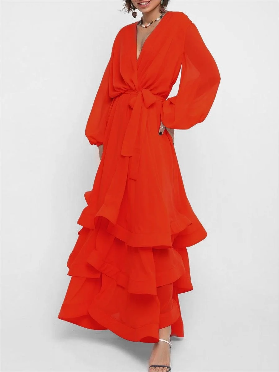 V-neck solid color long-sleeved dress