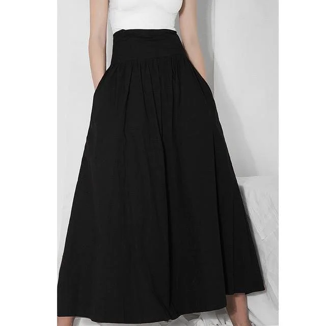 Frilly Elastic Waist Lacing Solid Color Long A-Line Skirt