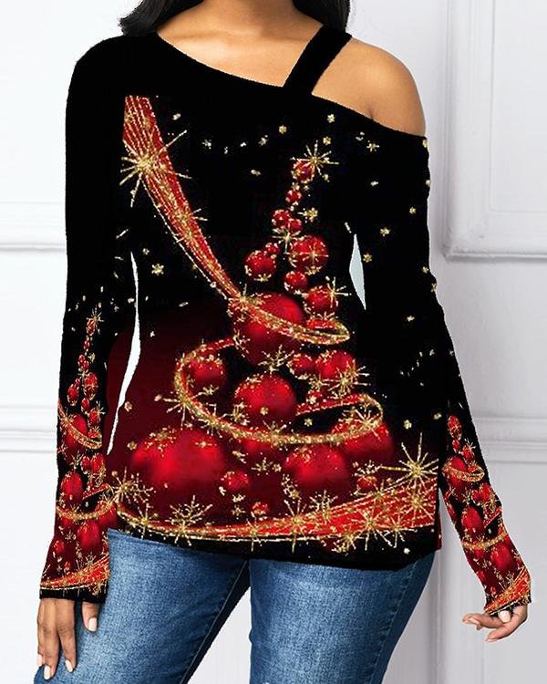 Casual One Shoulder Christmas Tree Print Long Sleeves T-shirt - Chicaggo