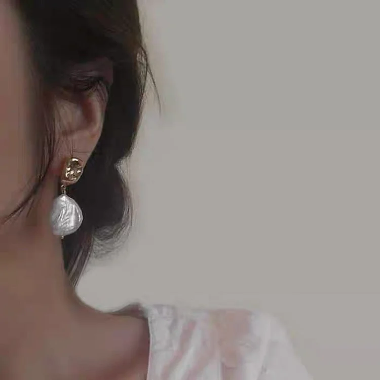 Embossed Metal Baroque Pearl Earrings