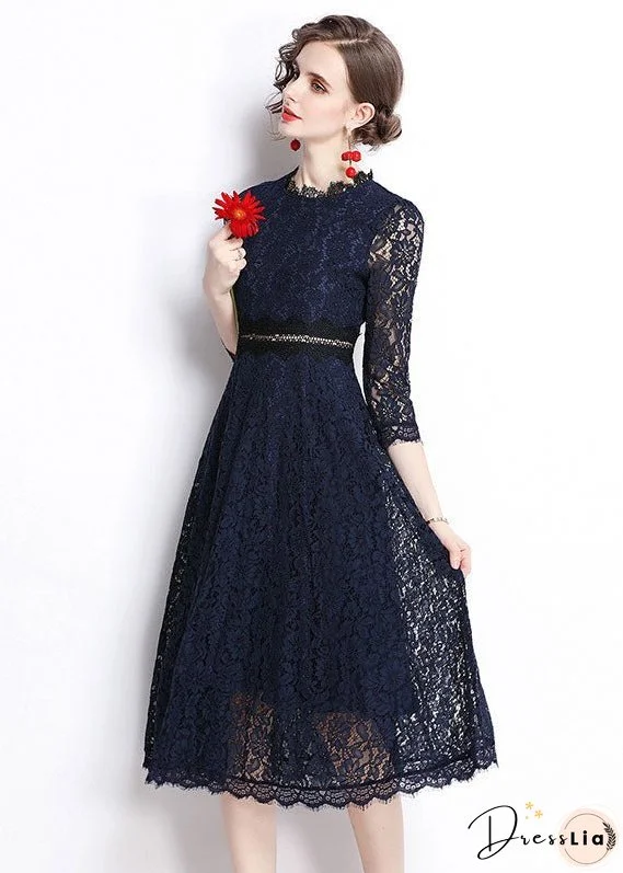 Modern Navy Embroideried Hollow Out Lace Long Dresses Bracelet Sleeve