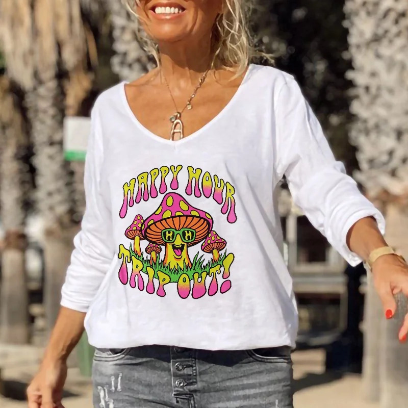 Happy Hour Trip Out Mushroom Print Long Sleeve Tee