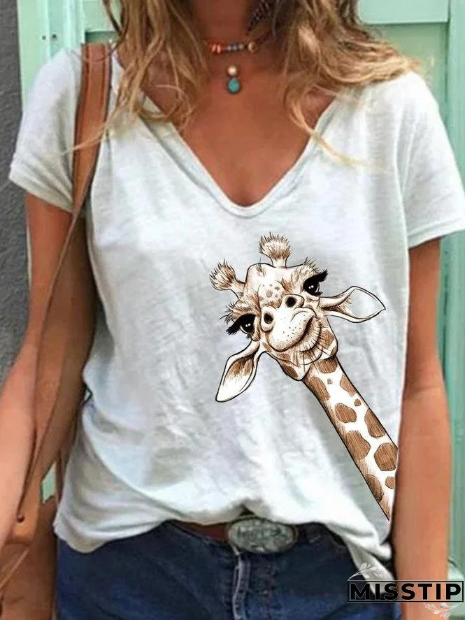 Women Simple Animal Printed V Neck Short Sleeve Tops