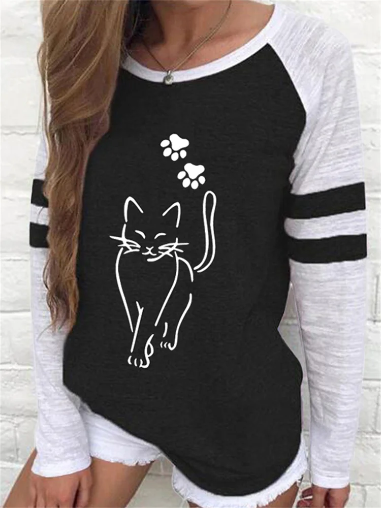 Cat & Paws Print Contrast Color T Shirt
