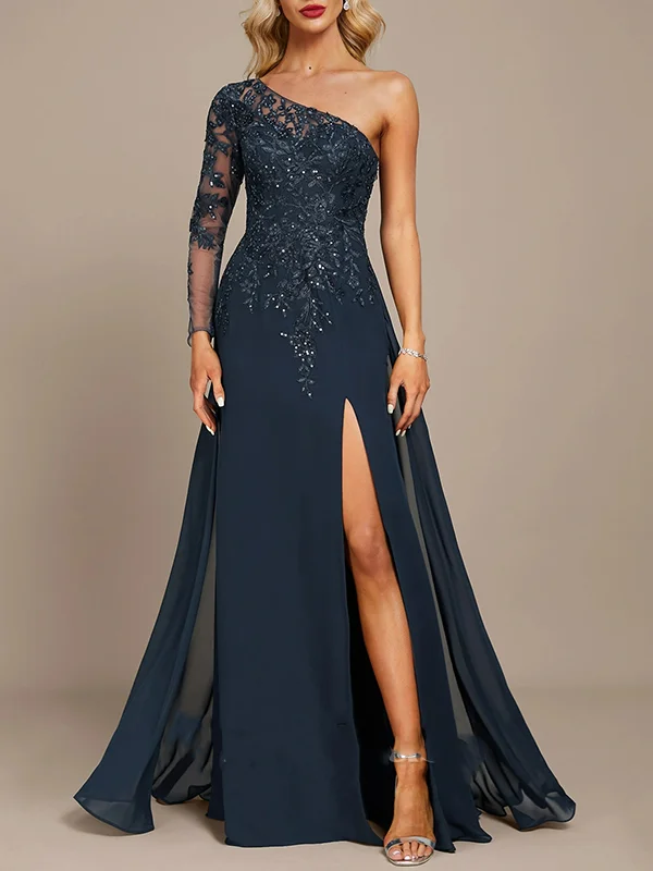 One-shoulder floor-length chiffon lace and sequined evening dress