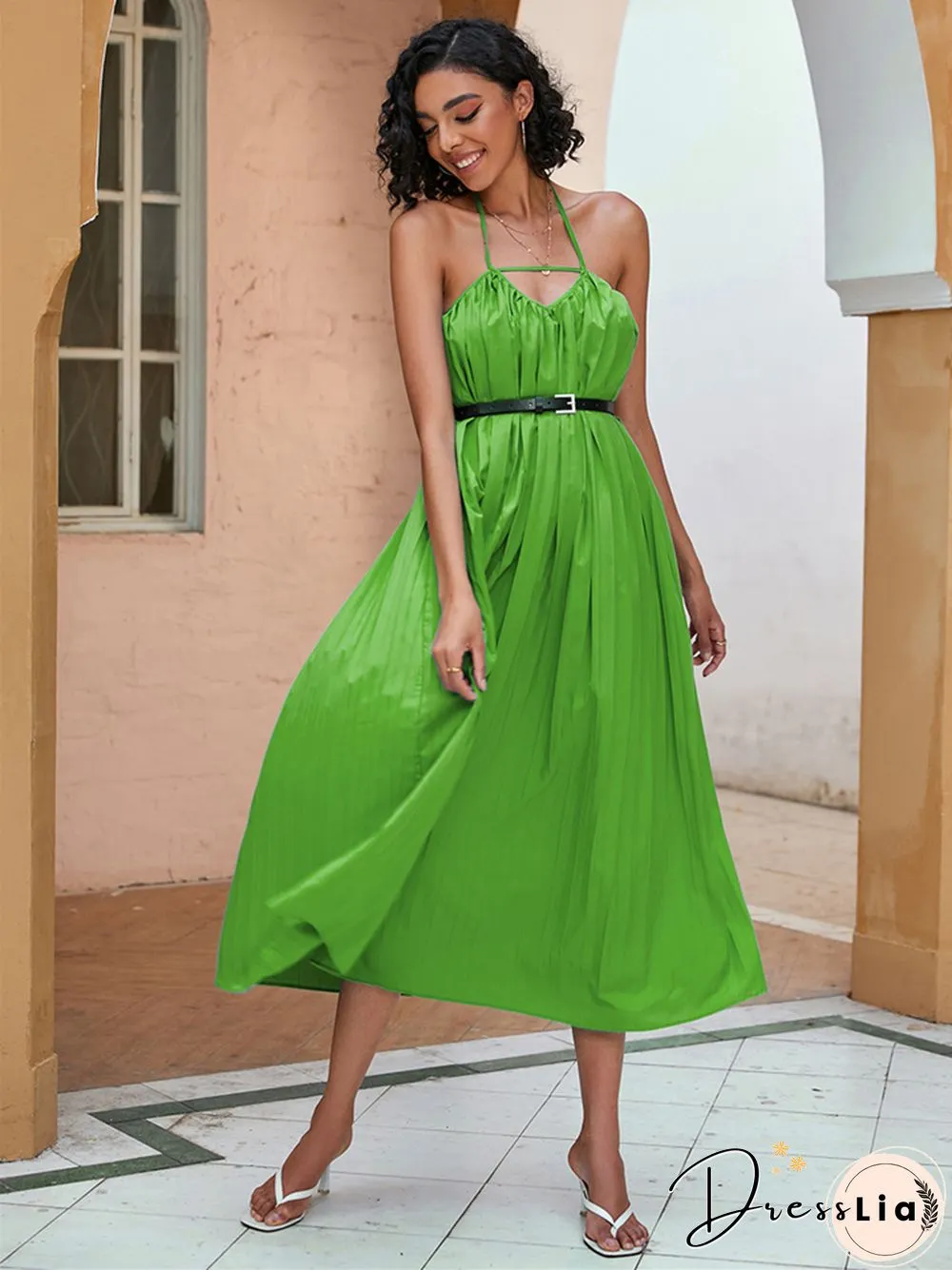 Summer Solid Color Pleated Waist And Neck Dress Black Dresses