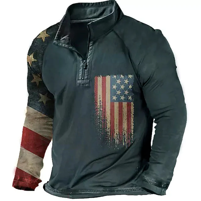 Men's 3D Print National Flag Long Sleeve Casual Polo Shirt 