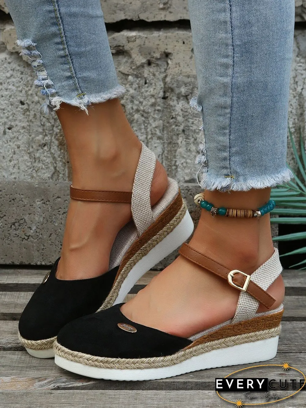 Women Color Block Summer Vacation Braided Non-Slip Block Heel Espadrille Sandals Adjustable Buckle EVA Wedges&Flatform