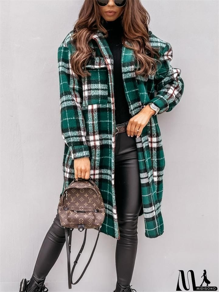 MidiSono - Cozy Warm Button Up Chest Pocket Lapel Collar Plaid Long Coat