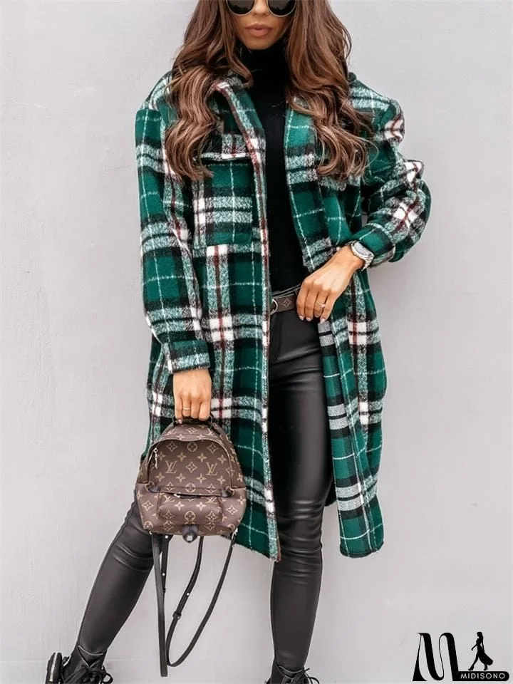 MidiSono - Cozy Warm Button Up Chest Pocket Lapel Collar Plaid Long Coat