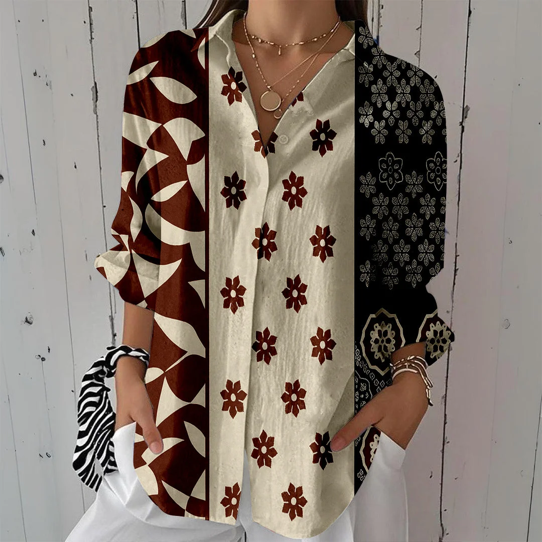 Style & Comfort for Mature Women Women Artistic,Brown,Black DZCL0272 3/4 Sleeve Shirt Collar Printed Button Tops
