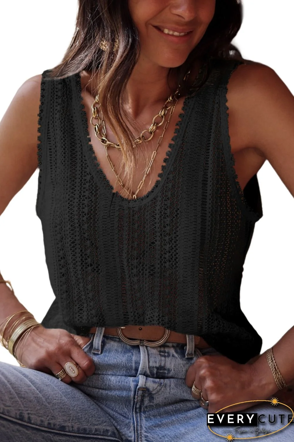 Black Lace Crochet Open Back U Neck Tank Top