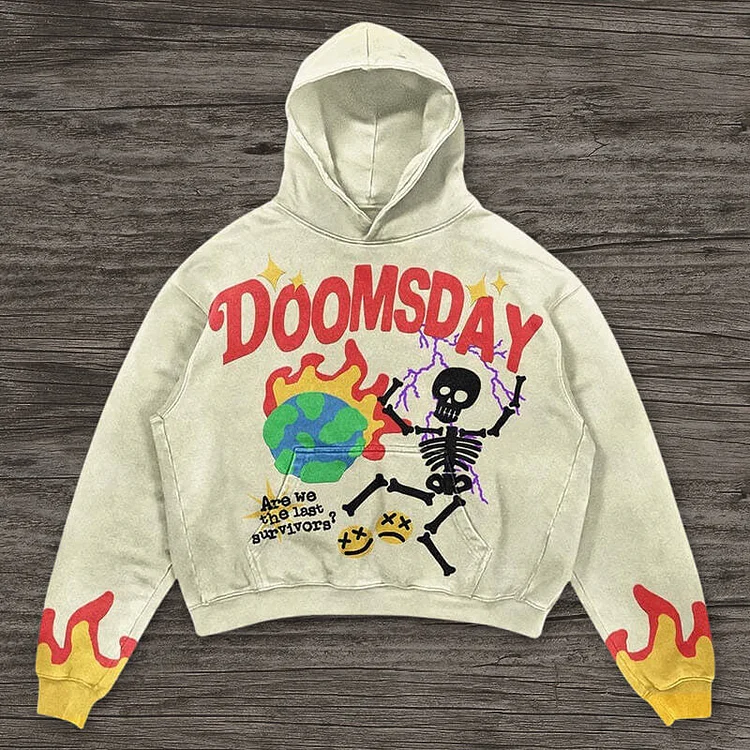 White Cartoon Skull Lazy Street 3D Printing Loose Hooded Long-sleeved Sweater Hoodie at Hiphopee