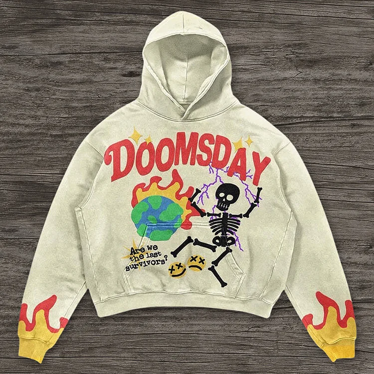 White Cartoon Skull Lazy Street 3D Printing Loose Hooded Long-sleeved Sweater Hoodie-VESSFUL