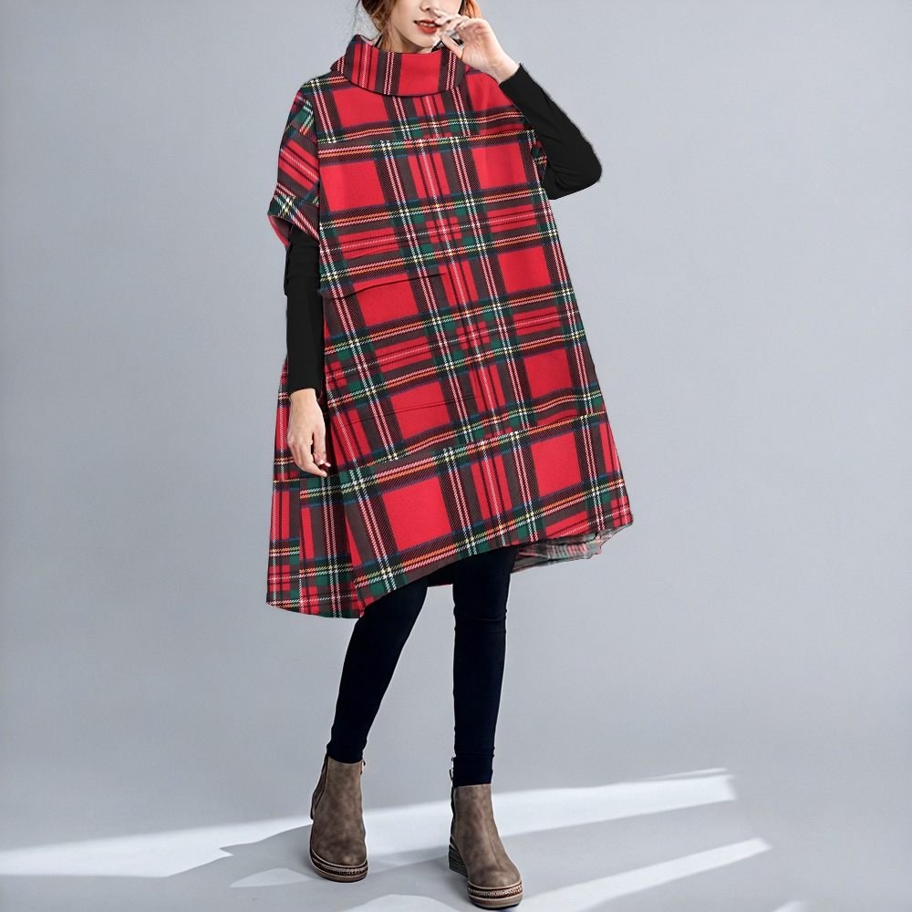Abstract Printed Loose Turtleneck Pocket Patchwork Midi Dress