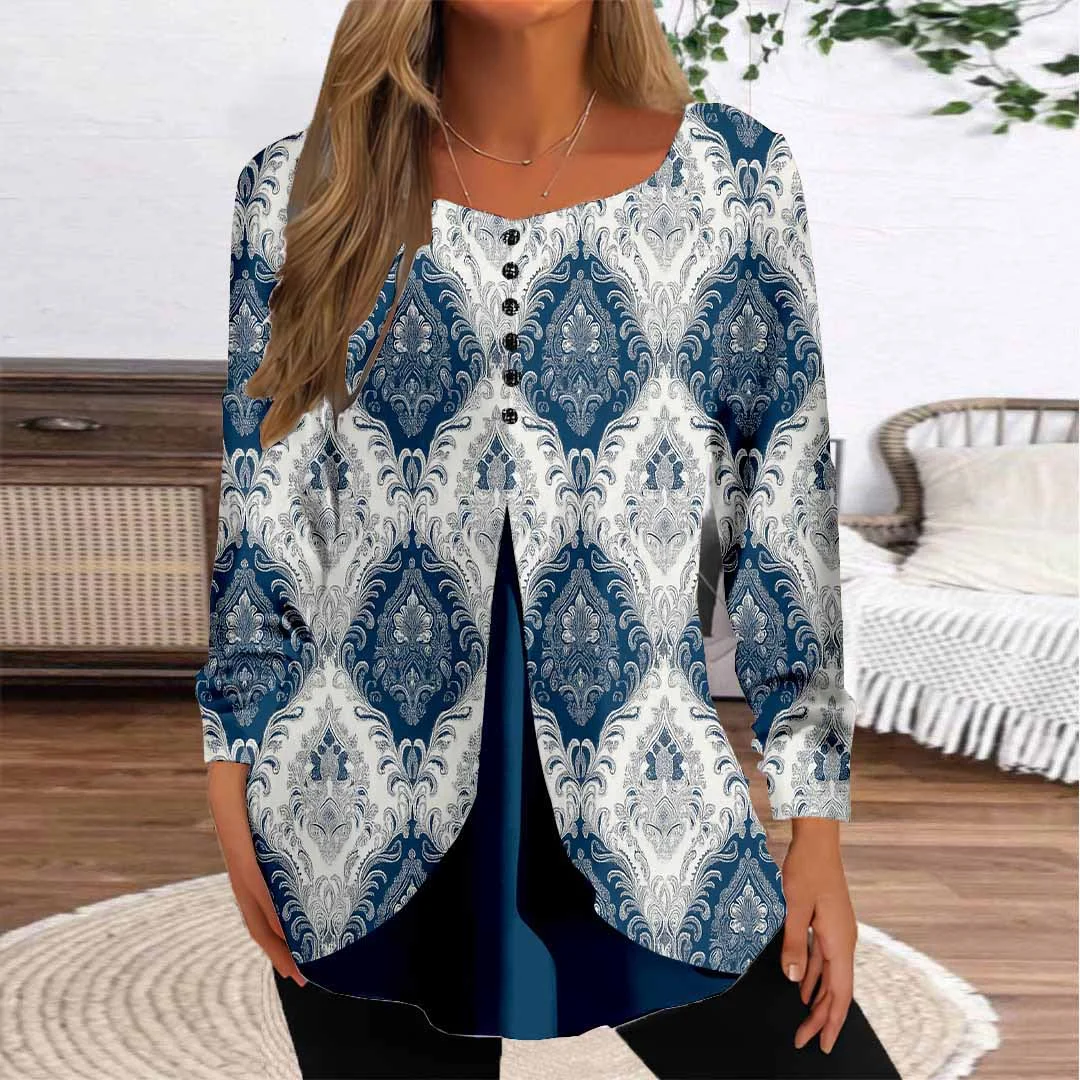 Women Graphic,Blue DZGG8297 Long Sleeve Scoop Neck Printed Graphic Button Fake 2in1 Tops