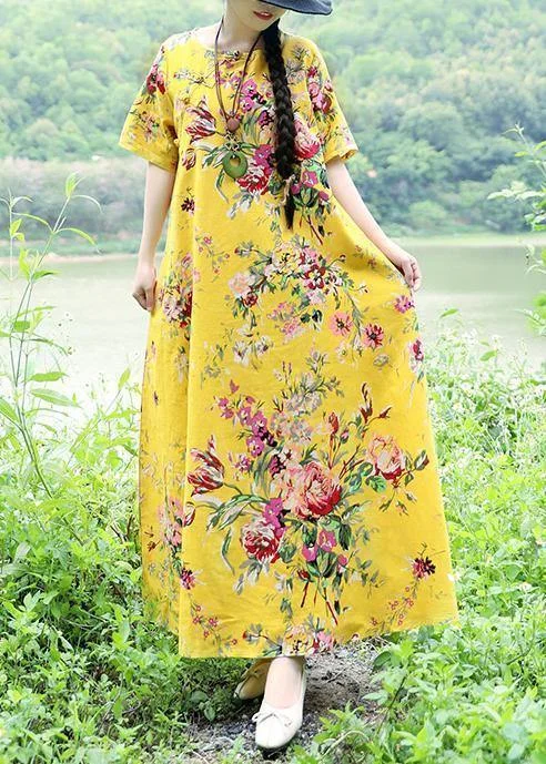 DIY yellow linen cotton outfit Boho Fabrics big hem cotton robes summer Dress