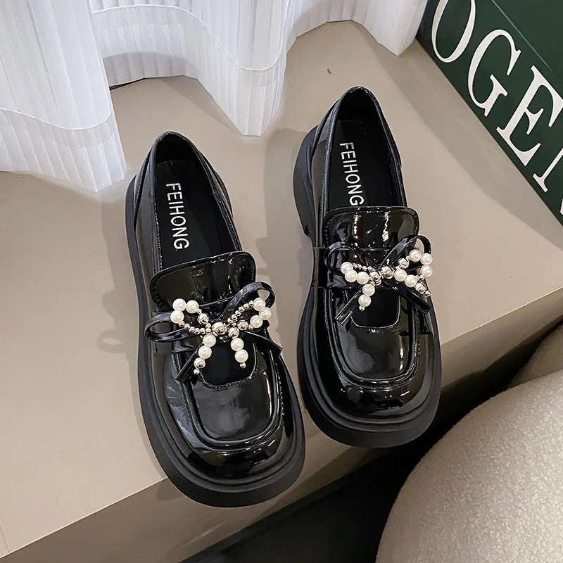 Qengg Women Lolita Mary Jane Loafers Shoes for Woman Spring Platform Ladies Loafers Vintage Soft Slip on Chain Oxford Shoes