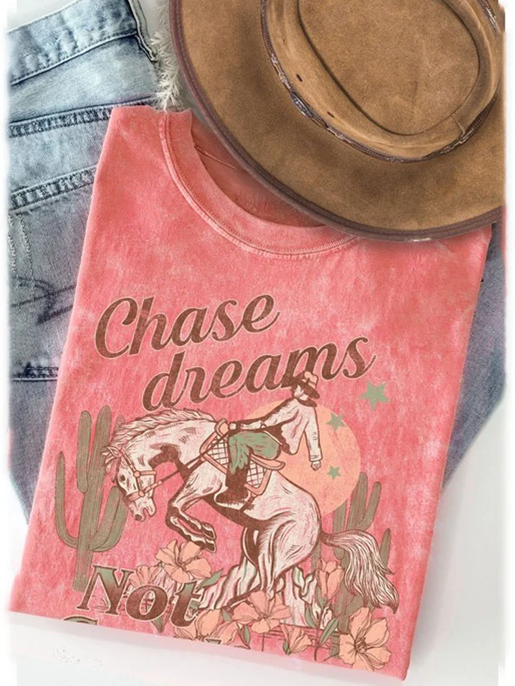 VChics Chase Dreams Not Cowboys Print Washed Cotton T-Shirt