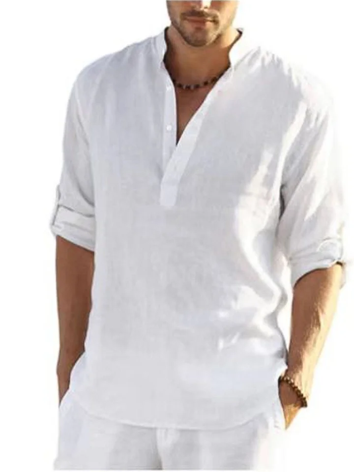 Men's Solid Color Casual Loose Shirt Shirt Men Tide Stand Collar Cotton Linen Collar Long-sleeved S,M,L,XL,2XL,3XL-Mixcun