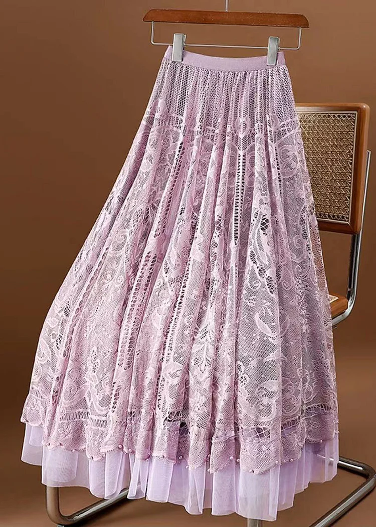 Fashion Purple Wrinkled Hollow Out Lace High Waist Skirt Spring
