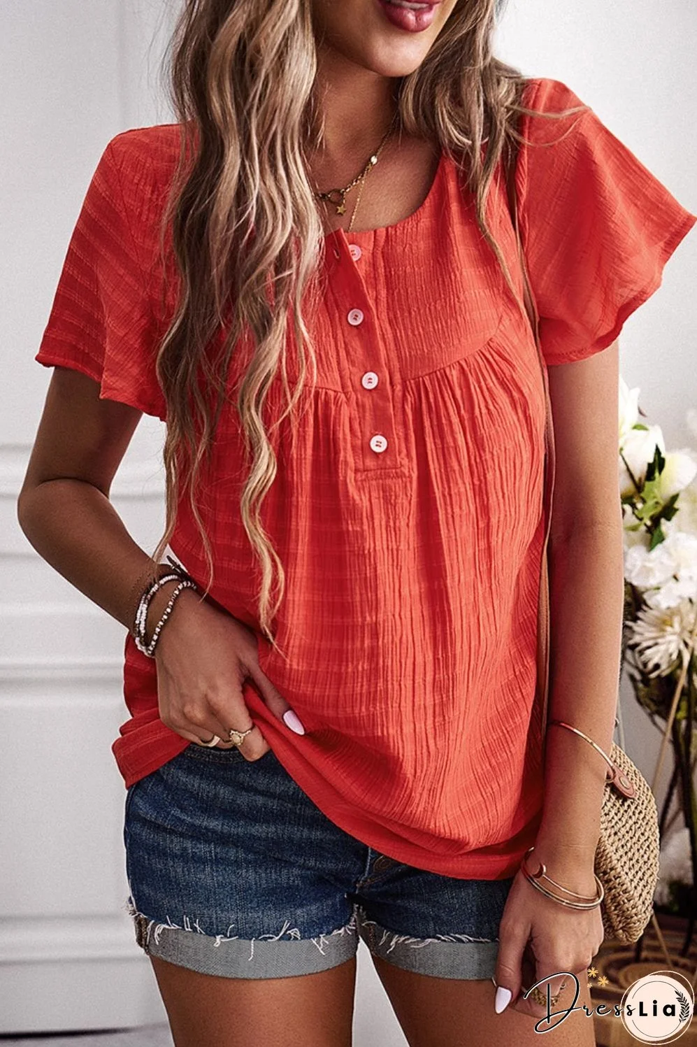 Quarter-Button Round Neck Short Sleeve Top