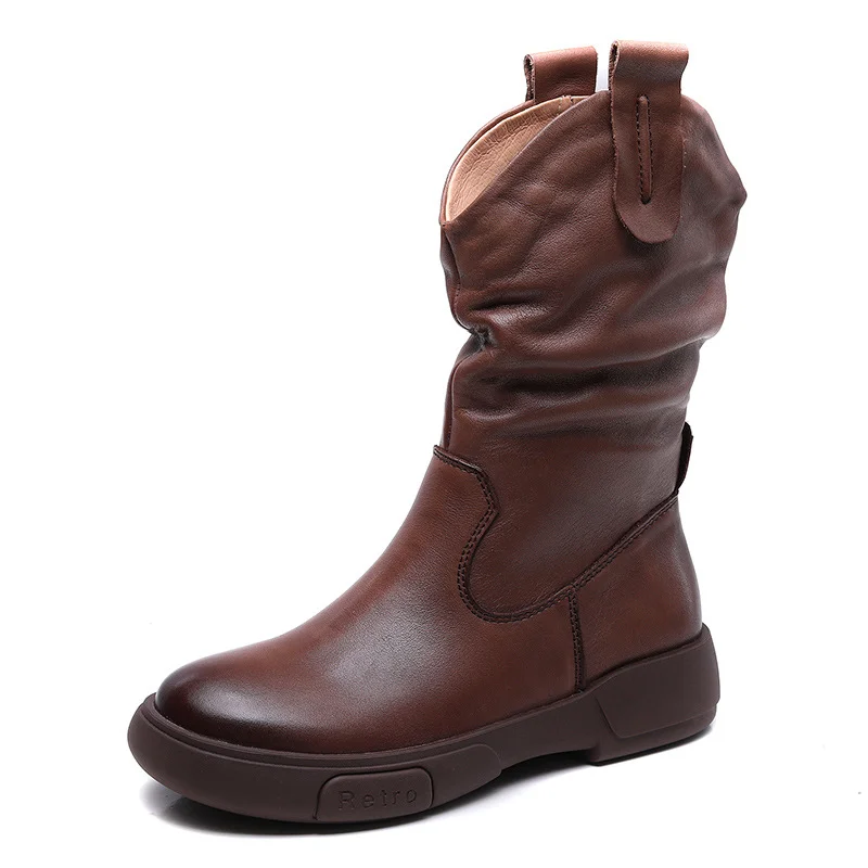 Yyvonne Boots Pile Boots Top Layer Of Kraft Mid-Sleet Boots Women Flat Bottom Soft Skin Autumn Winter Leather Martin Boots Horse Rider Boots