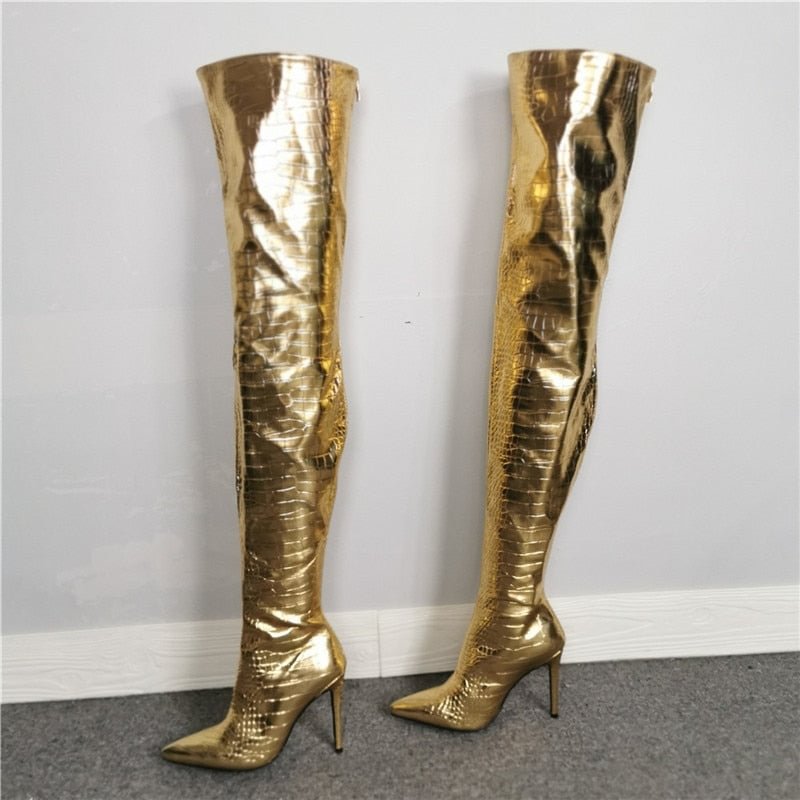 Women's Thigh High Boots Golden Fashion Women High Heel Demonia Boots Pointed Stiletto Crocodile Print 2022 New Sexy Female Shoe