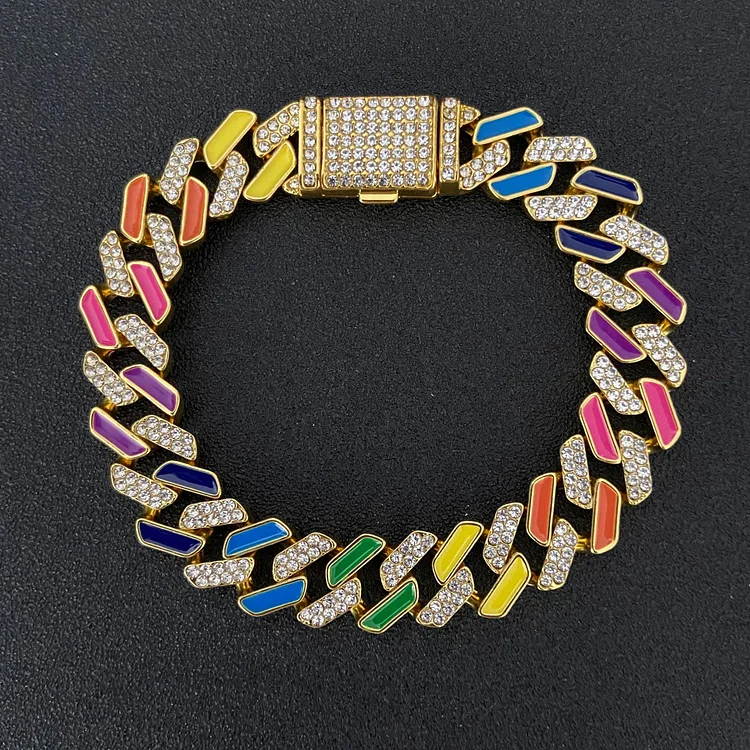 12MM Hip-hop Colorful Cuban Chain Bracelet Nightclub Jewelry