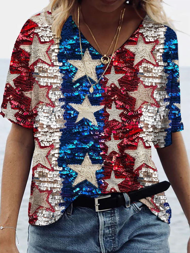 Independence Day Star Sequins Oversize Short Sleeve T-Shirt