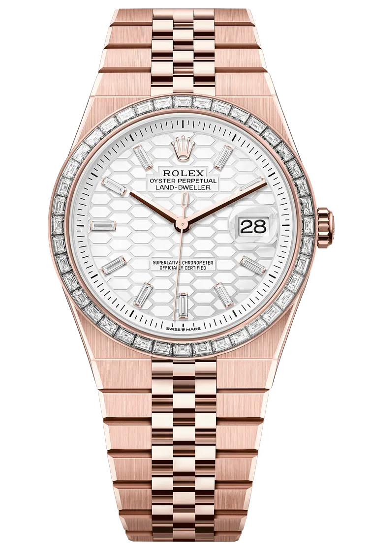 Rolex Land-Dweller 40mm Everose Gold Diamond Bezel White Honeycomb-Motif Diamond Baguette Dial Flat Jubilee - 127385TBR - New 2025【Free Shipping】