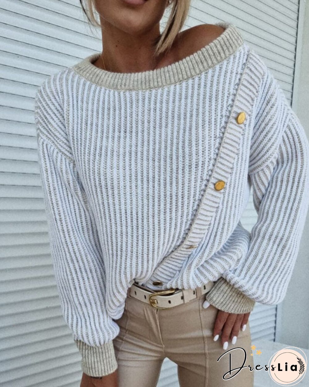 Autumn Winter O Neck Colorblock Button Decor Long Sleeve Warm Casual Knit Sweater Fashion Streetwear Ladies Tops Daily Wear