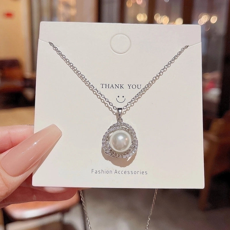 Elegant Lady Geometric Titanium Steel Artificial Pearls Zircon Inlay Pendant Necklace