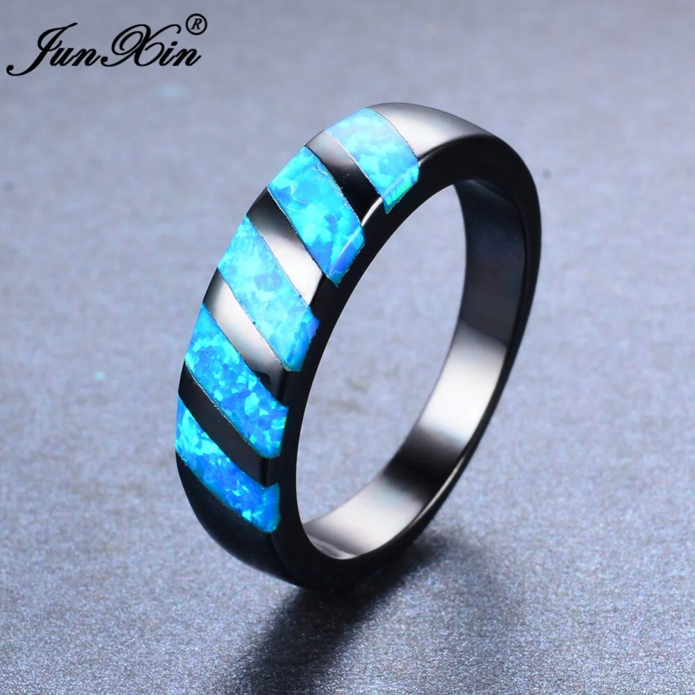 JUNXIN Ocean Blue Fire Opal Ring Brand Black Gold Round Ring Vintage Wedding Engagement Rings For Men And Women Fashion Jewelry