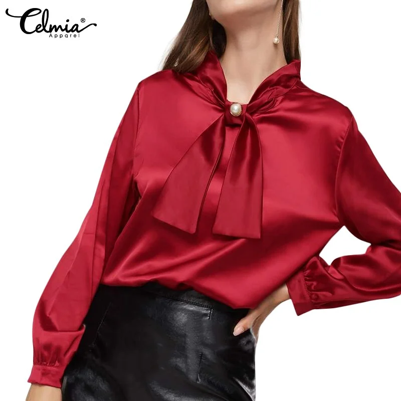 Celmia Women Elegant Satin Blouse 2022 Fashion Bow Tie Office Tops Long Sleeve Casual Autumn Slik Shirts Oversized Party Blusas