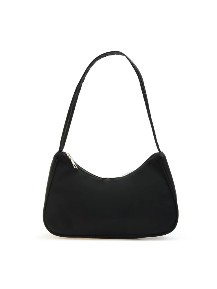 Fashion Solid Color Underarm Bag Women Zipper Retro Nylon Hobos Bag (Black)