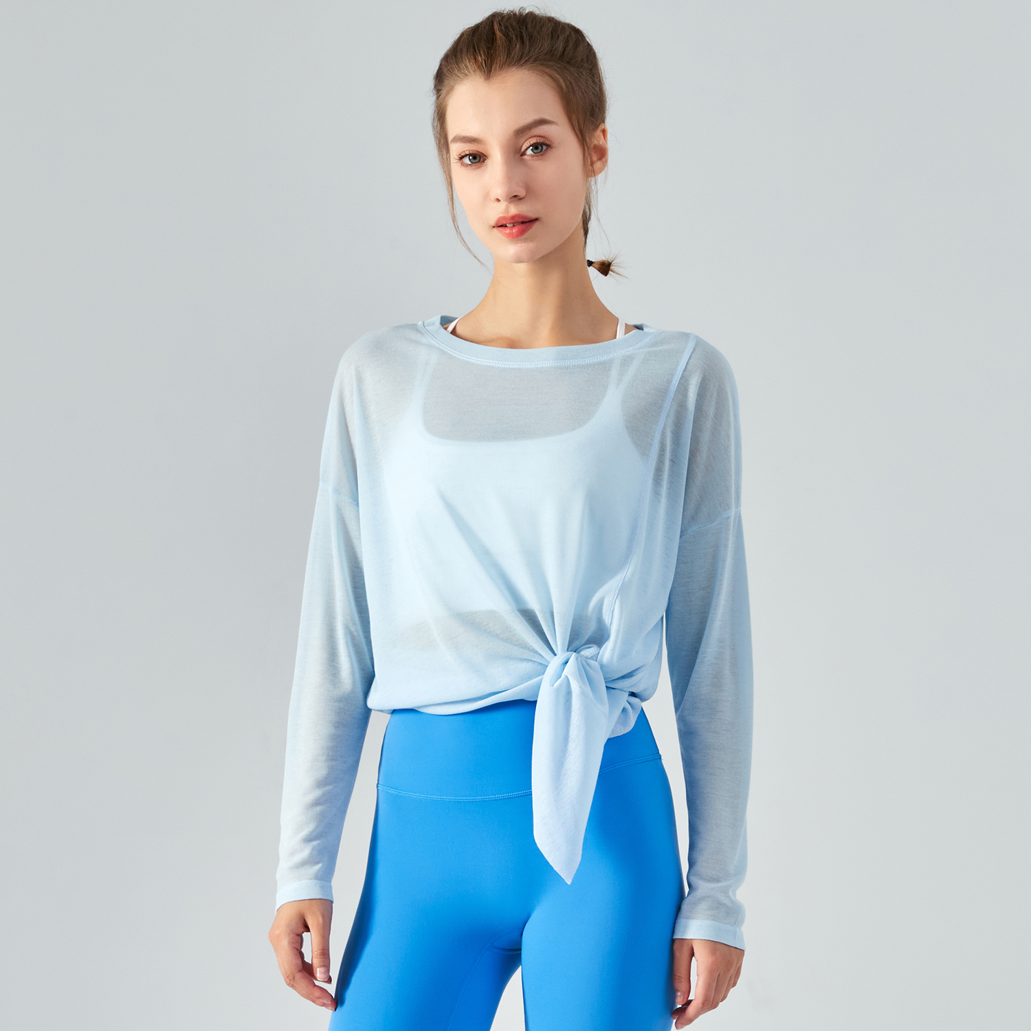 Buy ladies Baby Blue see through long style tencel skin friendly sustainable loose cool smooth gym t shirt smock of high quality on Hergymclothing