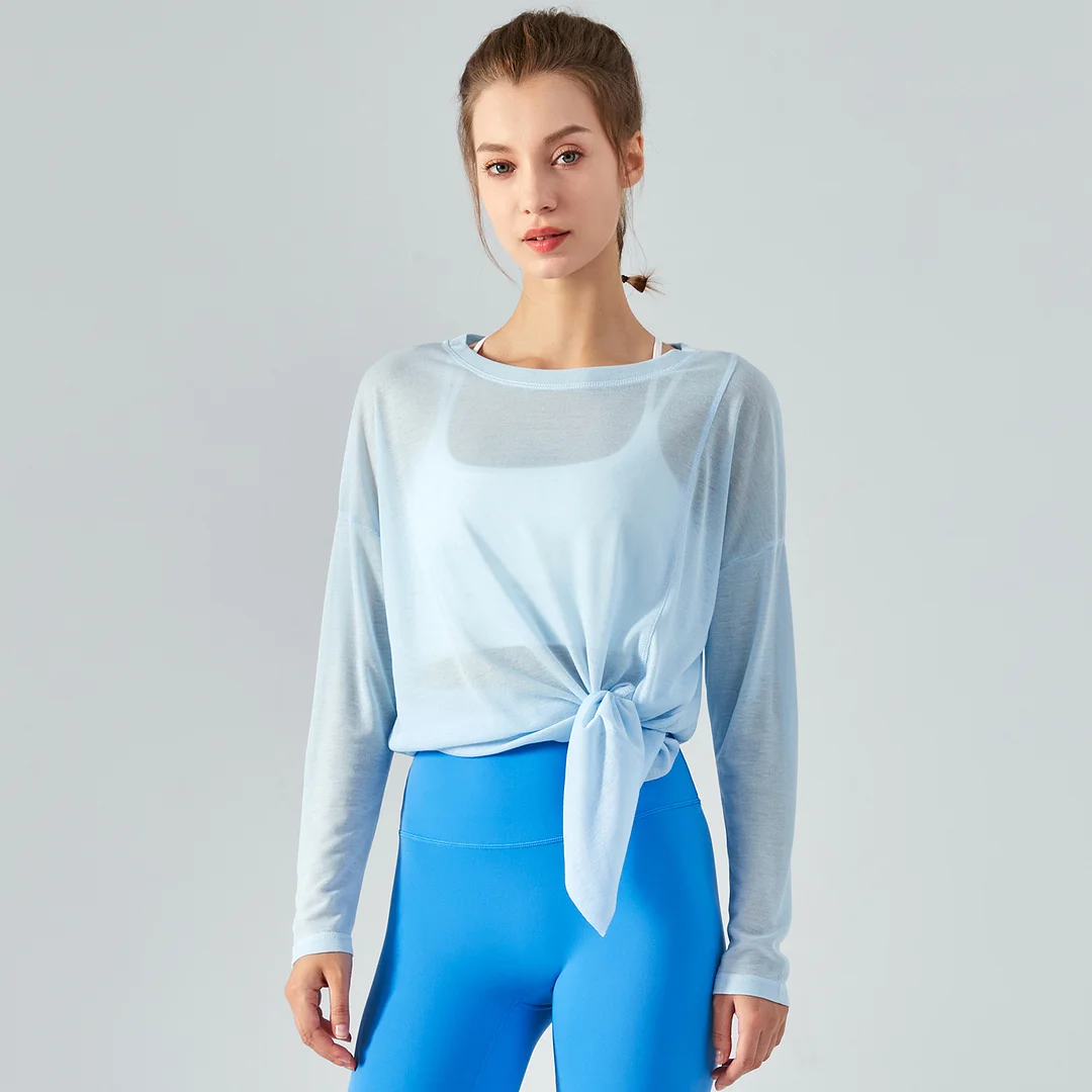 Buy ladies Baby Blue see through long style tencel skin friendly sustainable loose cool smooth gym t shirt smock of high quality on Hergymclothing