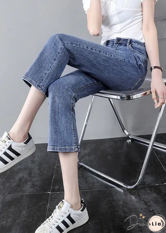 Modern Blue High Waist Patchwork Button Crop Jeans Summer