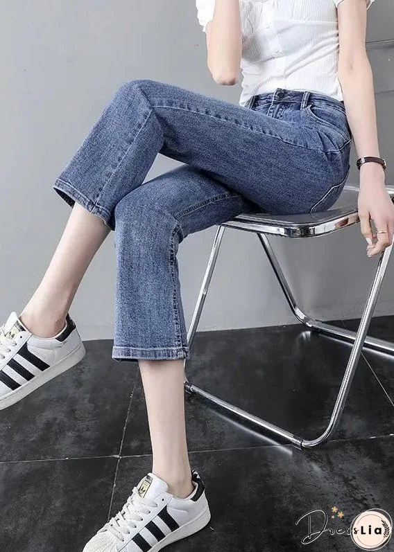 Modern Blue High Waist Patchwork Button Crop Jeans Summer