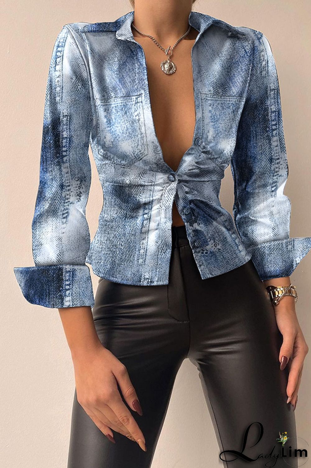 Blue Casual Street Print Split Joint Buckle Turndown Collar Tops