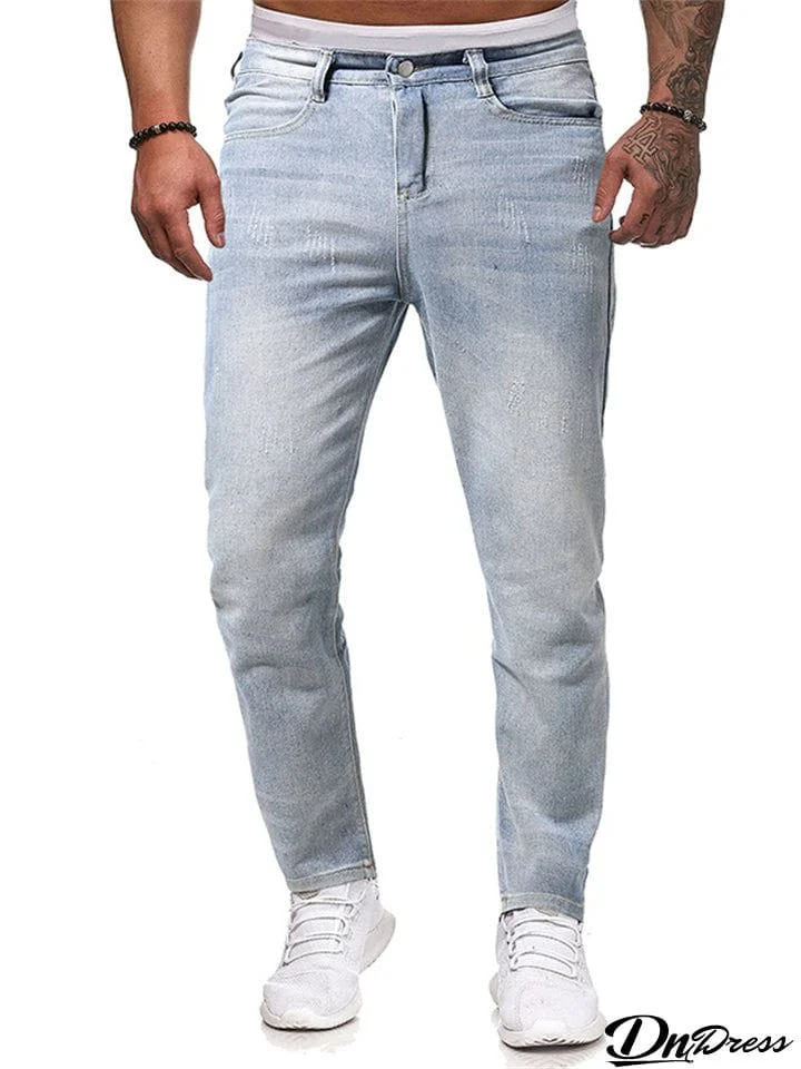 Men's Classic Light Blue Slim Fit Mid Waist Youth All Match Jeans