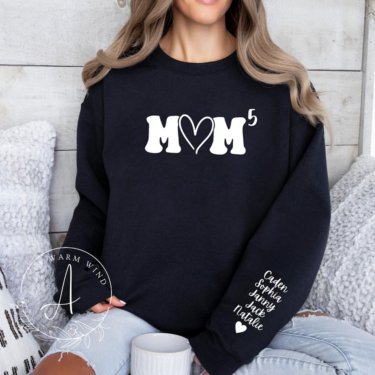 Personalized Mom Sweatshirt With Kids Name On Sleeve, Mother's Day Gift