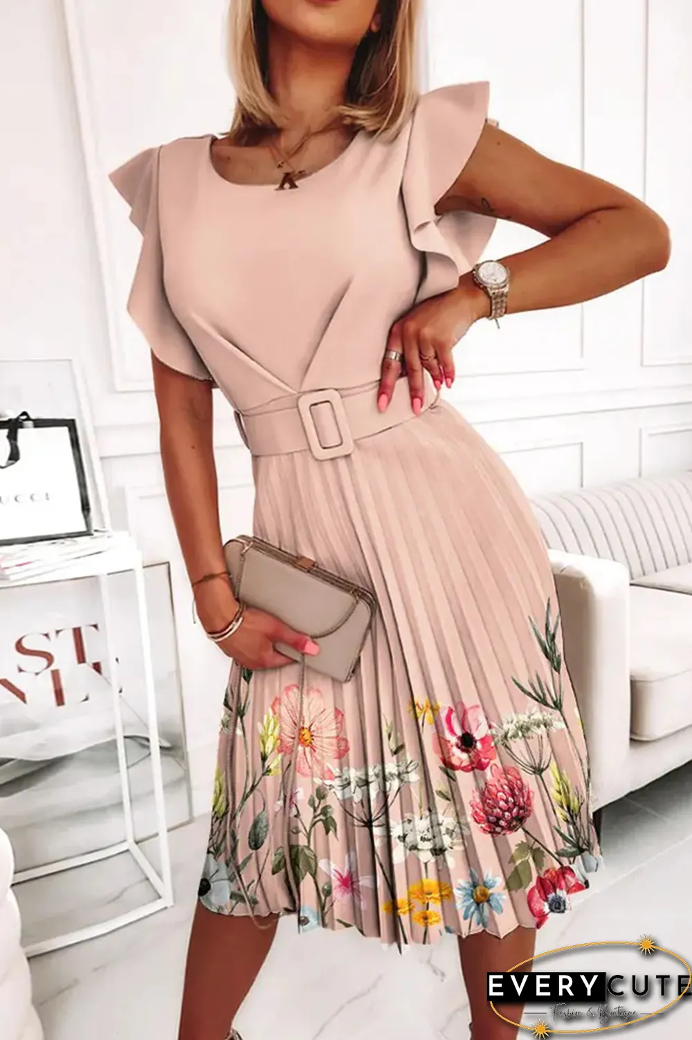 Fashion Print Flounce O Neck Cake Skirt Dresses(3 Colors)