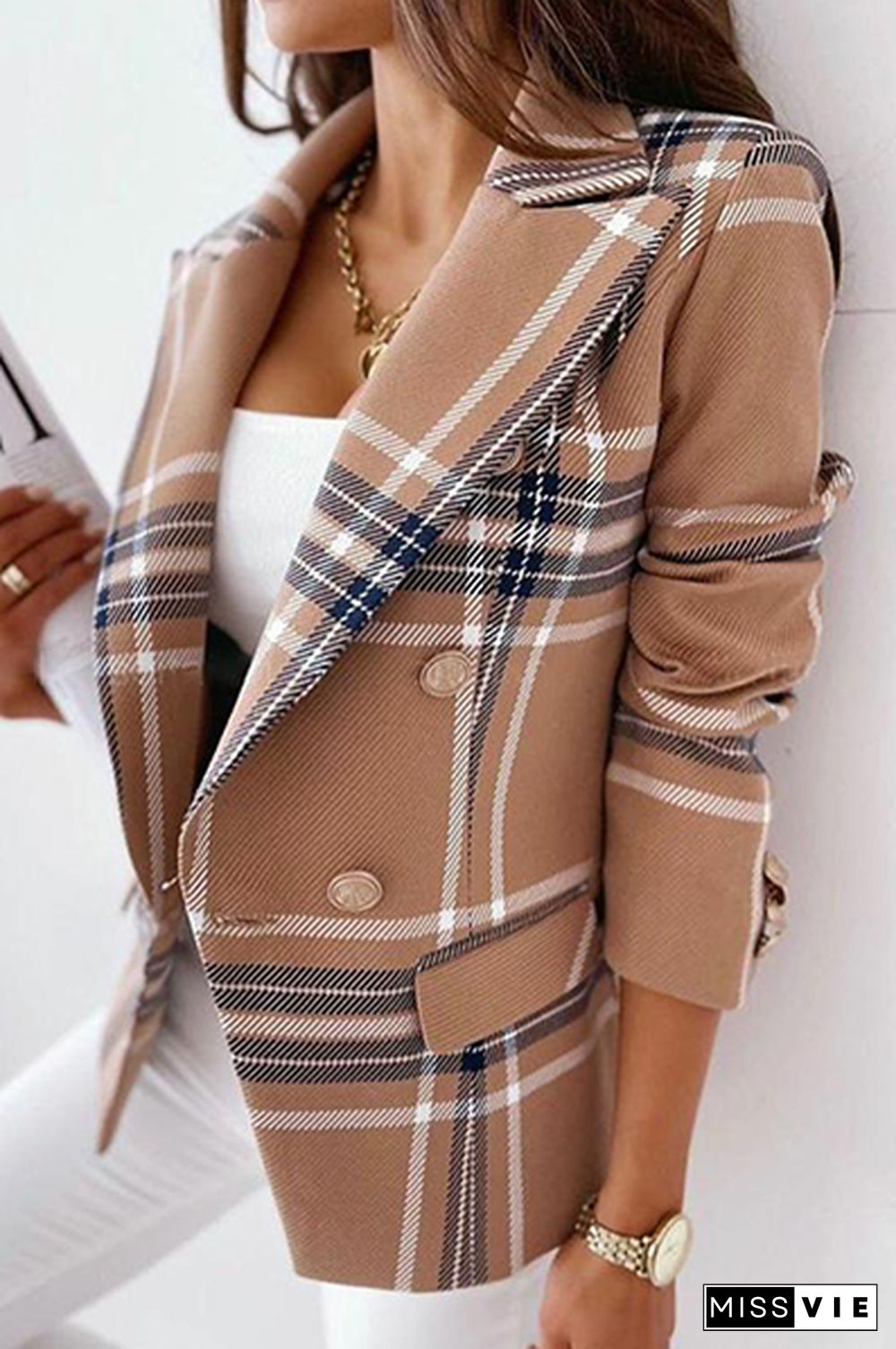 Elegant Plaid Striped Patchwork Buttons Turn-back Collar Outerwear