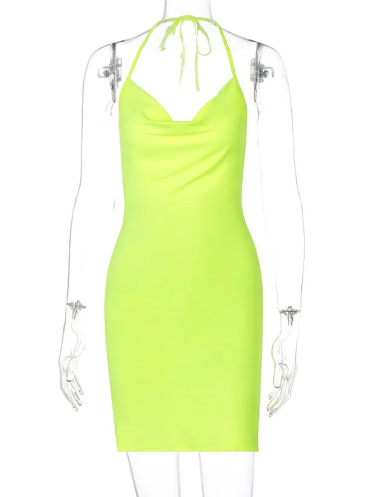 WannaThis Elegant Mini Dress Sleeveless Women Halter Clubwear Backless Ladies Sexy Bodycon Red Side Split Lace Up Dresses 2021