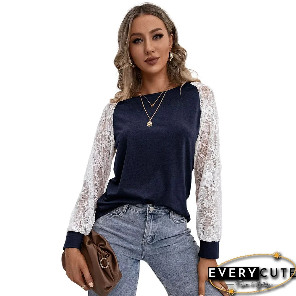 Navy Blue Splice Lace Long Sleeve Tops